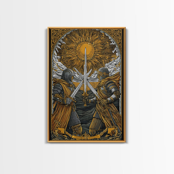 Norse Warriors in Battle Canvas Gold Art, Viking Canvas Art with real wood frame, Perfect for Man Cave, Office Wall Art, or Dad Gift