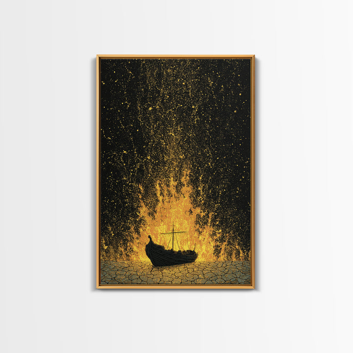 Viking Funeral Ship Canvas Gold Art Canvas Art Norse Burial Scene Wall Decor for Man Cave or Office, framed in real wood