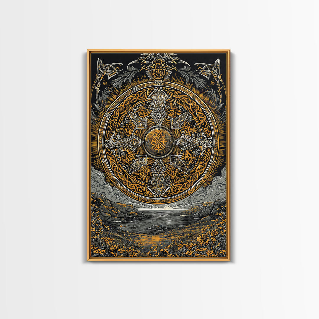 Vegvisir Compass Canvas Gold Art, Norse Mythology Canvas Art of Viking Symbol for Guidance, Man Cave or Office Decor framed in real wood