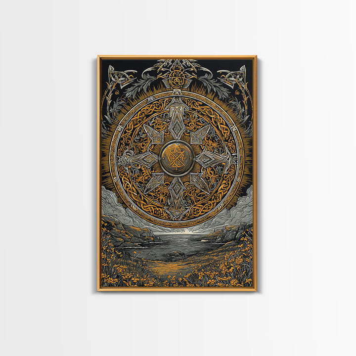 Vegvisir Compass Canvas Gold Art, Norse Mythology Canvas Art of Viking Symbol for Guidance, Man Cave or Office Decor framed in real wood
