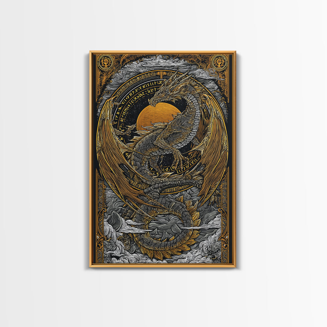 Canvas Gold Art of Jörmungandr Norse Dragon, Viking Myth Canvas Art framed in real wood, Nordic decor perfect for office or study