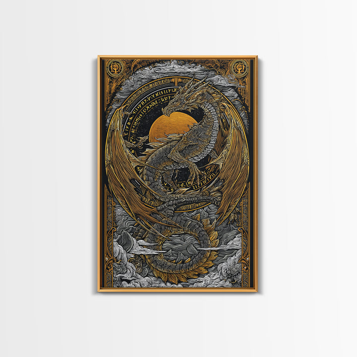 Canvas Gold Art of Jörmungandr Norse Dragon, Viking Myth Canvas Art framed in real wood, Nordic decor perfect for office or study