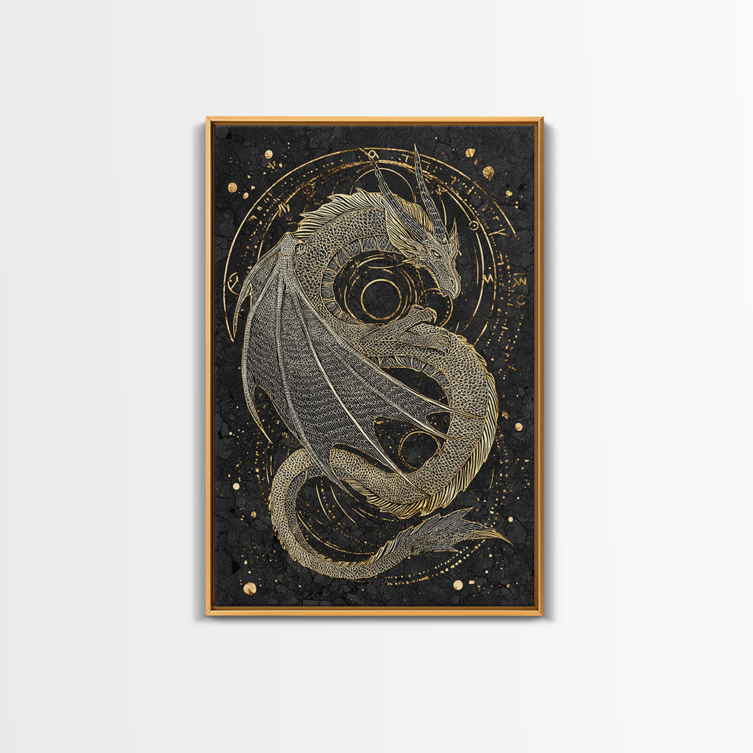 Nordic Dragon Canvas Gold Art, Viking Mythology Canvas Art for Man Cave or Office, framed in natural real wood for dad gift