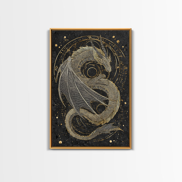 Nordic Dragon Canvas Gold Art, Viking Mythology Canvas Art for Man Cave or Office, framed in natural real wood for dad gift