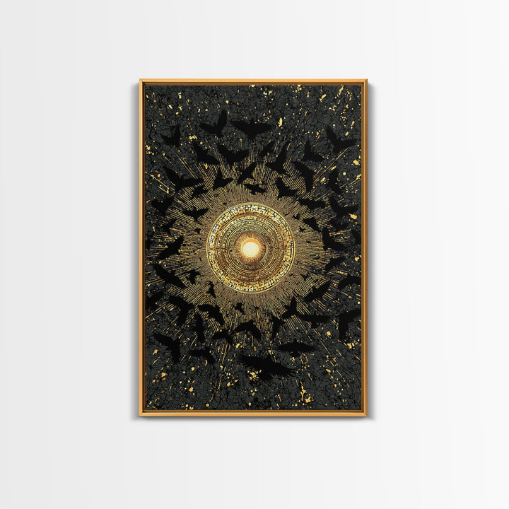 Canvas Art Norse Ravens and Sun Wheel, Canvas Gold Art Viking Decor with runes, framed in real wood, Nordic mythology gift for dad