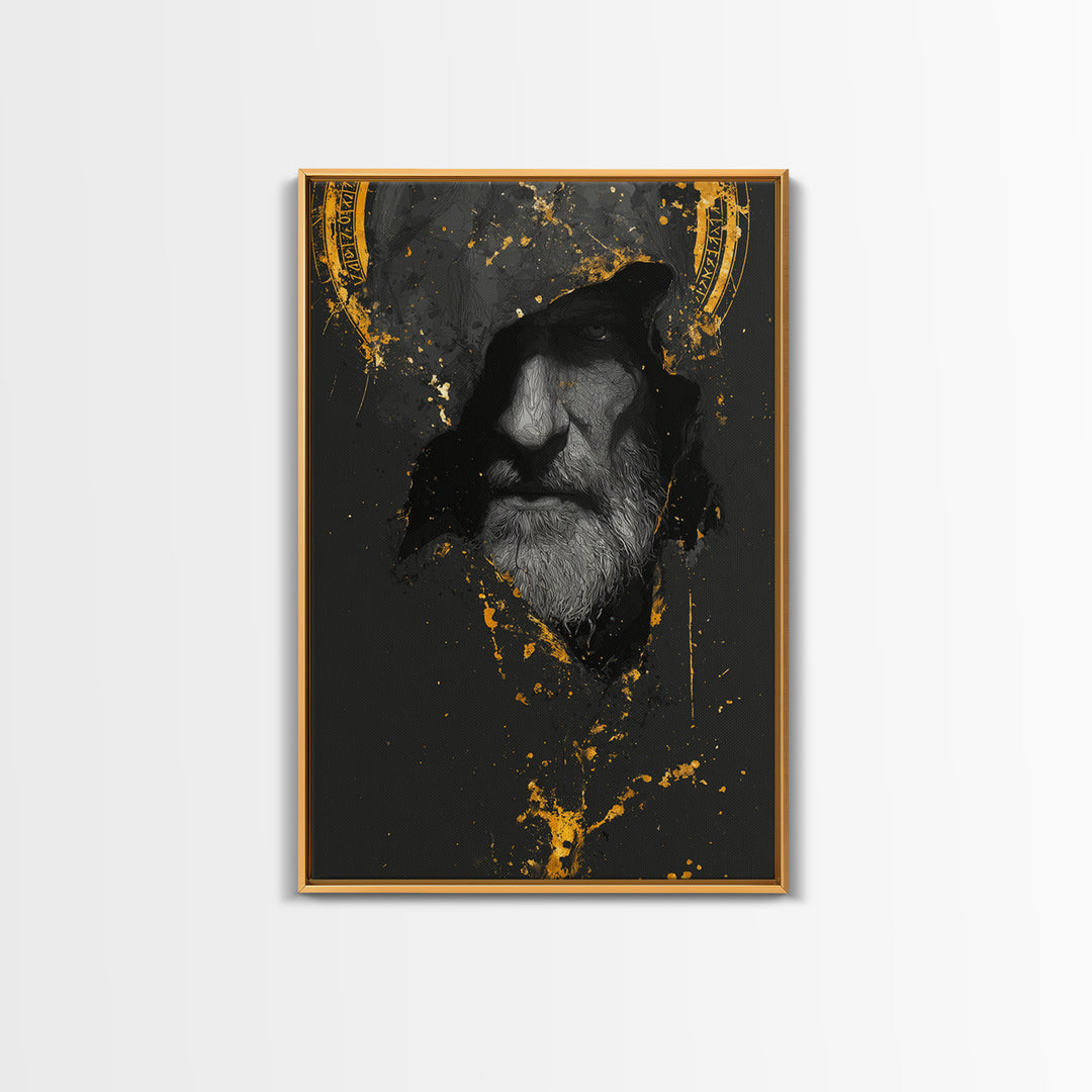 Odin Canvas Gold Art Norse God Portrait, Viking Mythology Canvas Art with real wood frame, masculine Nordic wall art for man cave