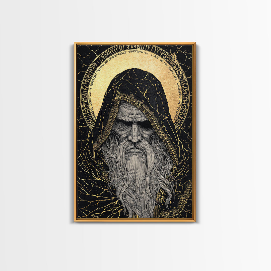 Norse God Odin Canvas Gold Art, Viking Mythology Canvas Art in natural wood frame, powerful Nordic wall art for office or man cave