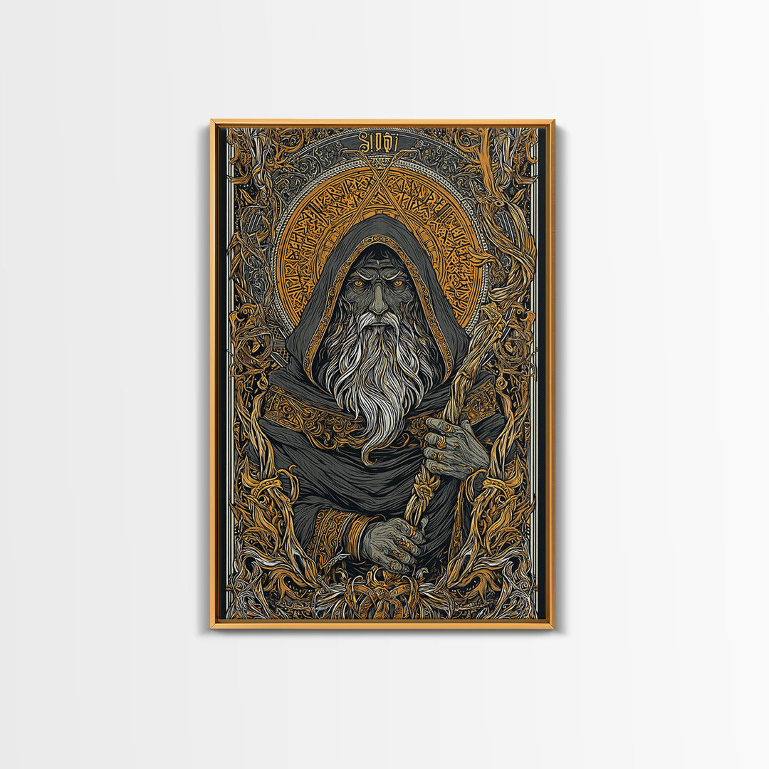 Viking Odin Canvas Gold Art, Nordic Mythology Canvas Art with real wood frame, masculine office wall art or unique Norse gift for dad