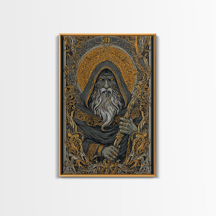 Viking Odin Canvas Gold Art, Nordic Mythology Canvas Art with real wood frame, masculine office wall art or unique Norse gift for dad