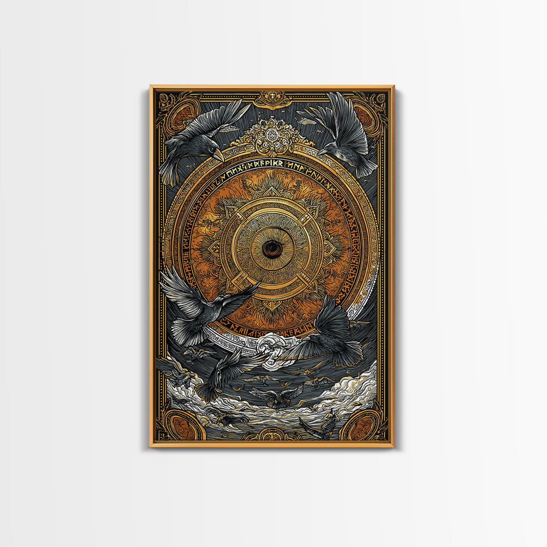 Huginn and Muninn Canvas Gold Art, Odin’s Ravens Norse Mythology Canvas Art in real wood frame, Nordic office or man cave wall decor