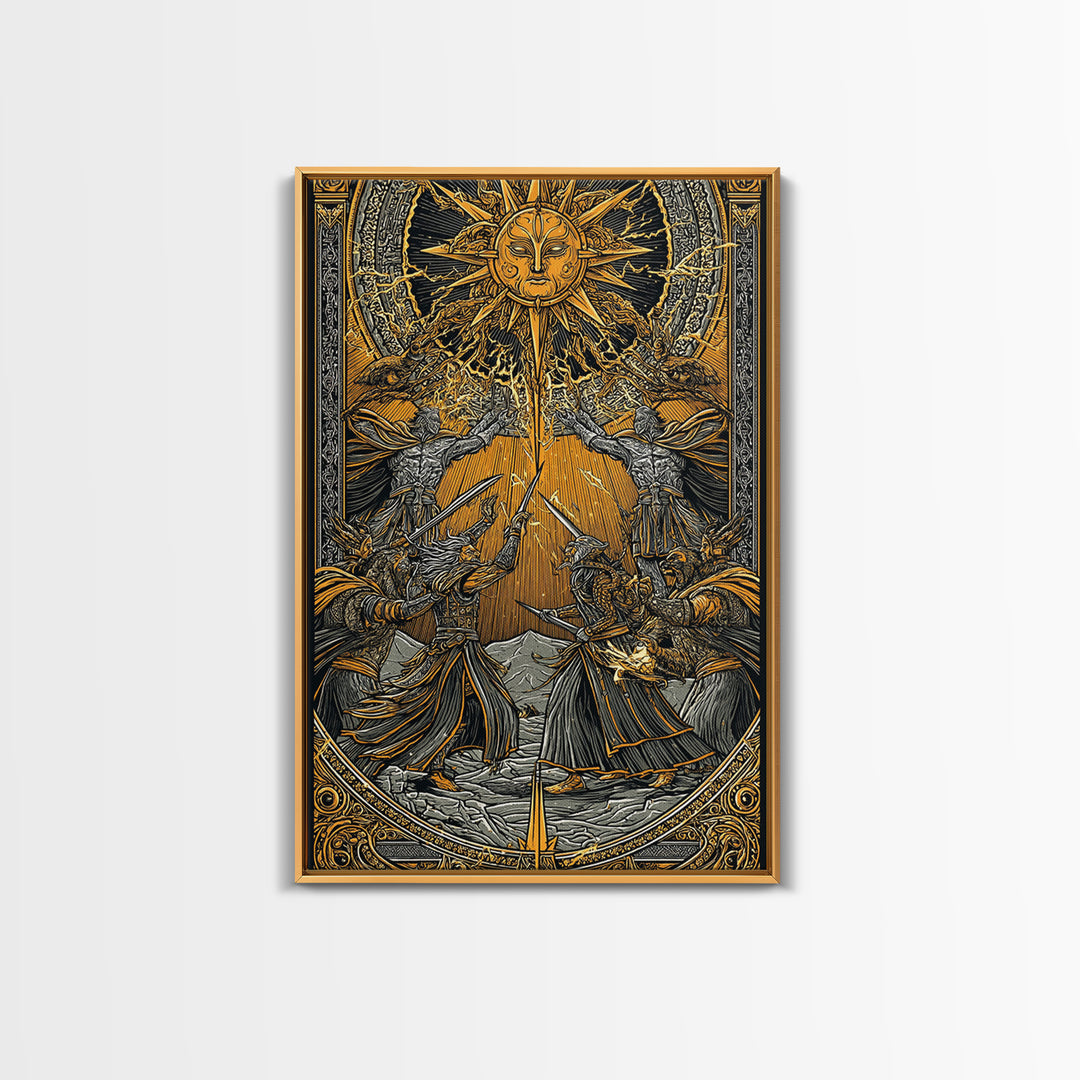 Ragnarök Battle Canvas Gold Art, Viking Apocalypse Norse Myth Canvas Art in real wood frame, Nordic wall art for man cave or office