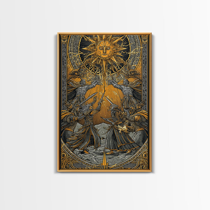 Ragnarök Battle Canvas Gold Art, Viking Apocalypse Norse Myth Canvas Art in real wood frame, Nordic wall art for man cave or office