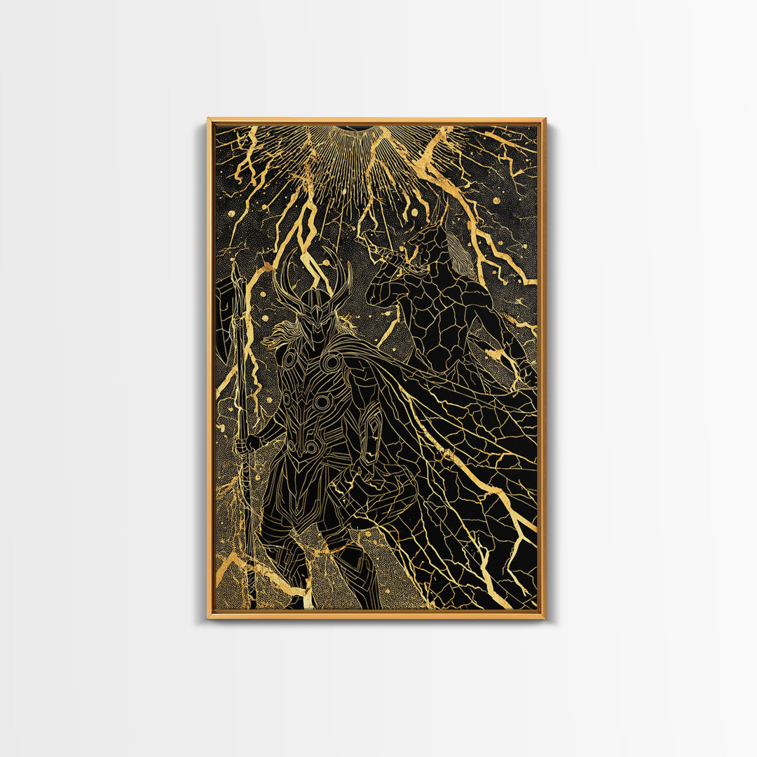 Ragnarok Norse Mythology Wall Decor, Canvas Gold Art and Canvas Art with Thor and Loki, Viking Battle Design framed in real wood
