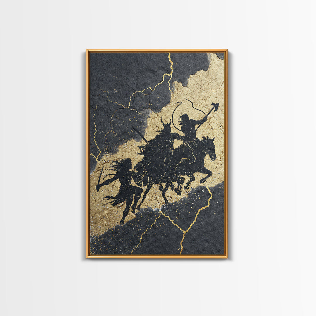 Valkyrie Ride Canvas Gold Art, Norse Mythology Warrior Women Canvas Art framed in natural wood, Viking man cave or office wall decor