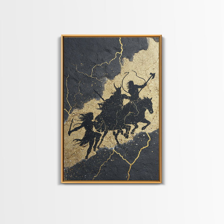 Valkyrie Ride Canvas Gold Art, Norse Mythology Warrior Women Canvas Art framed in natural wood, Viking man cave or office wall decor