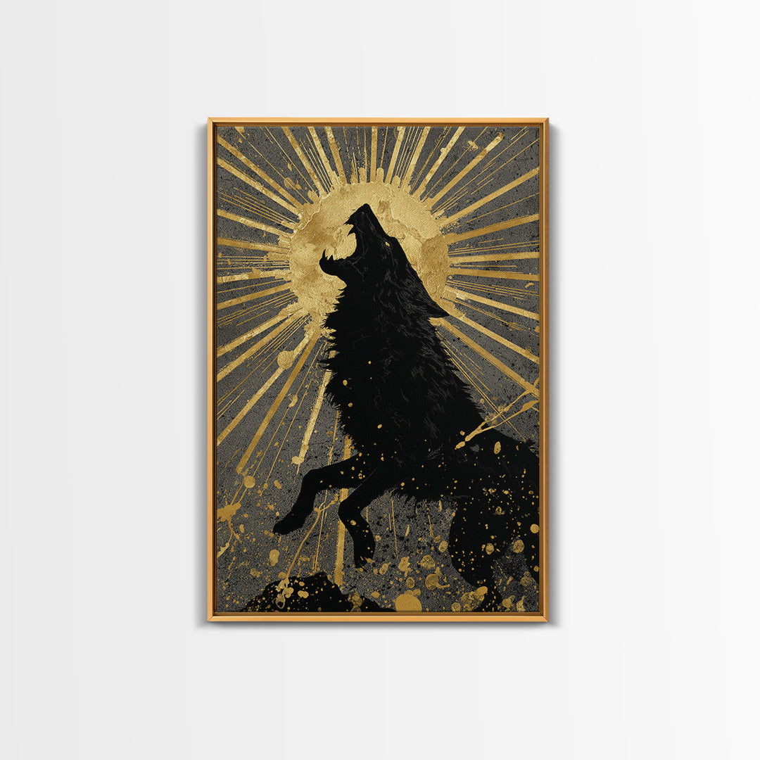 Fenrir Howling Wolf Canvas Gold Art, Norse Mythology Canvas Art with Viking Wolf Symbolism, Office Wall Decor in real wood frame