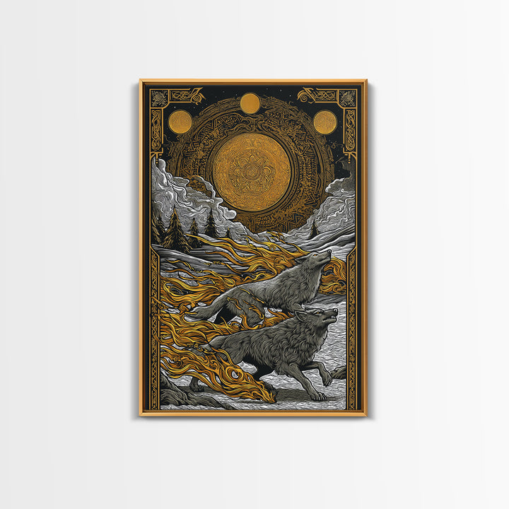 Sköll and Hati Wolves Norse Mythology Art, Canvas Gold Art and Canvas Art, Viking Wolf Chasing Sun and Moon framed in wood