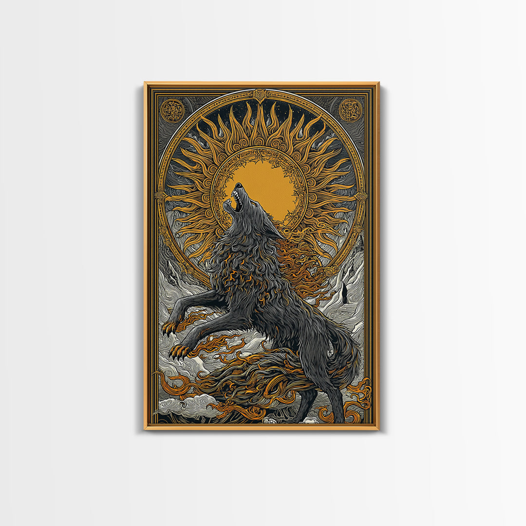 Fenrir Wolf Ragnarok Canvas Art, Canvas Gold Art with Norse Mythology Theme, Viking Wolf Office Wall Decor framed in real wood