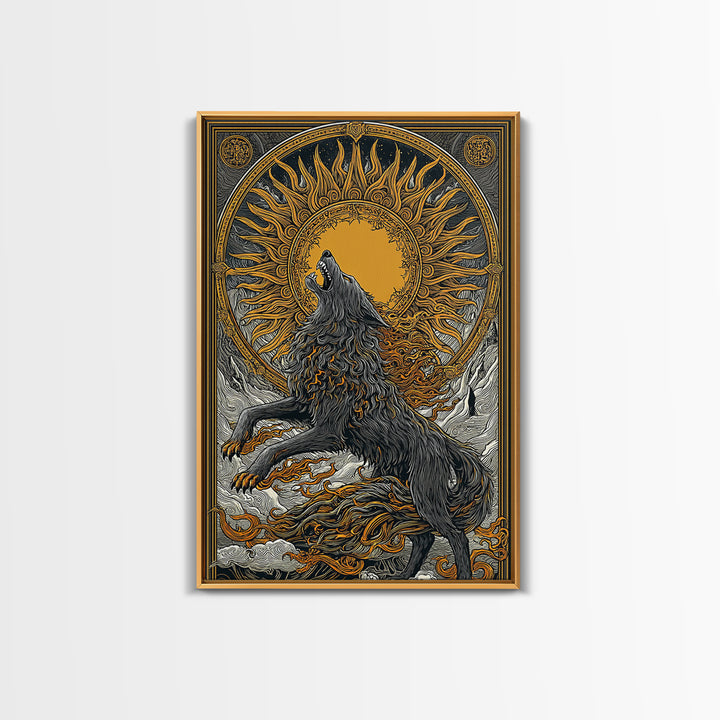 Fenrir Wolf Ragnarok Canvas Art, Canvas Gold Art with Norse Mythology Theme, Viking Wolf Office Wall Decor framed in real wood