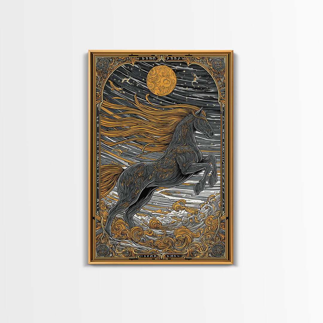Sleipnir Norse Myth Horse Wall Decor, Canvas Gold Art and Canvas Art, Viking Equestrian Nordic Office Art framed in natural wood