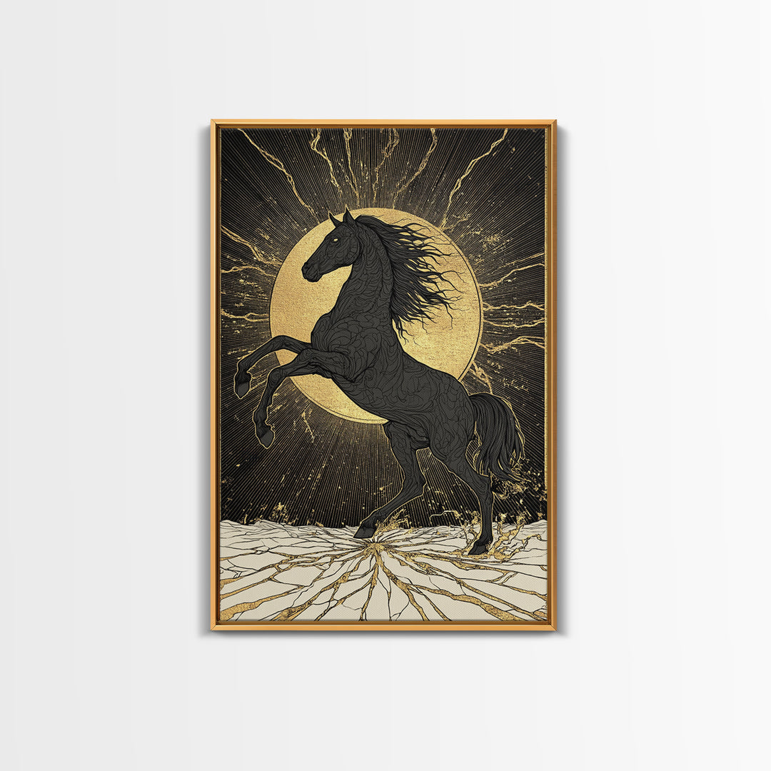 Sleipnir Norse Horse Canvas Gold Art Nordic Mythology Canvas Art for Office or Man Cave, framed in natural real wood