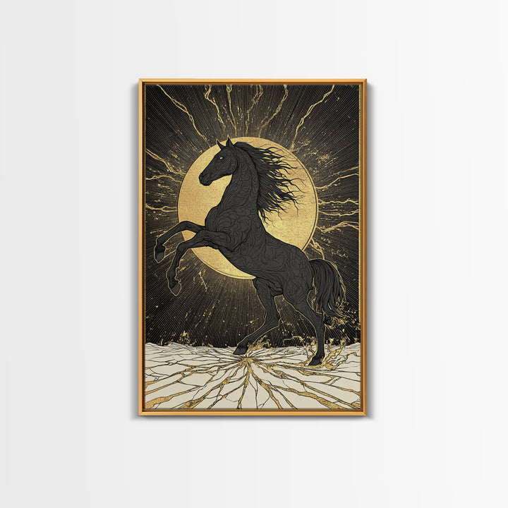 Sleipnir Norse Horse Canvas Gold Art Nordic Mythology Canvas Art for Office or Man Cave, framed in natural real wood