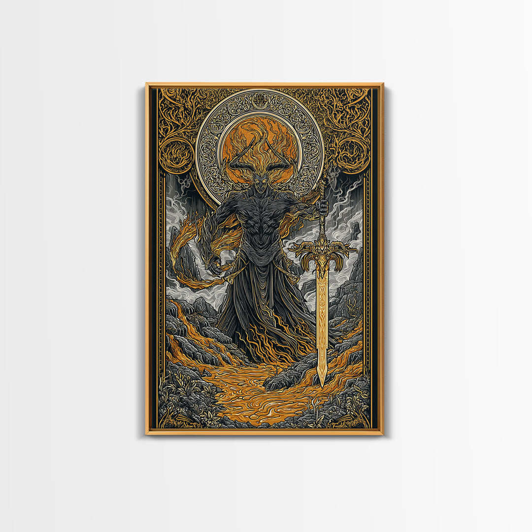 Surtur Fire Giant Norse Mythology Canvas Gold Art Viking Canvas Art Dad Gift Office Wall Decor framed with natural real wood