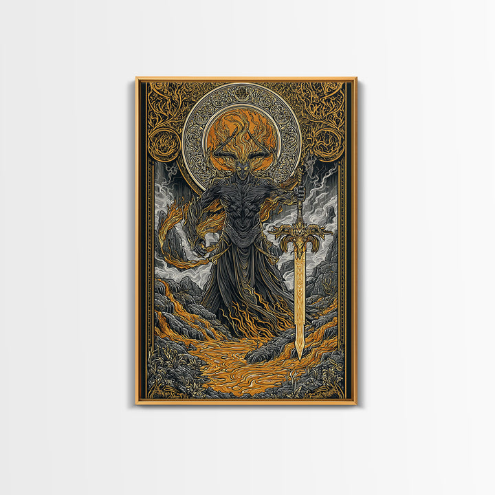 Surtur Fire Giant Norse Mythology Canvas Gold Art Viking Canvas Art Dad Gift Office Wall Decor framed with natural real wood
