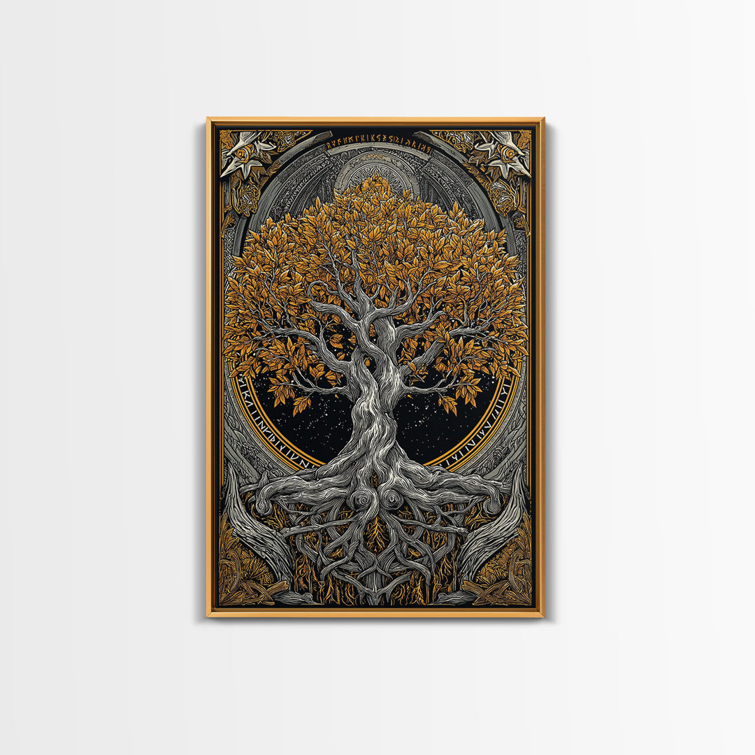 Yggdrasil World Tree Canvas Gold Art Canvas Art Norse Mythology Decor framed in natural wood for Office Wall or Man Cave Gift