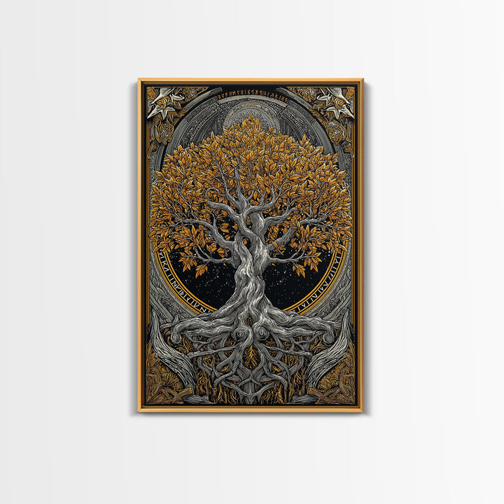 Yggdrasil World Tree Canvas Gold Art Canvas Art Norse Mythology Decor framed in natural wood for Office Wall or Man Cave Gift