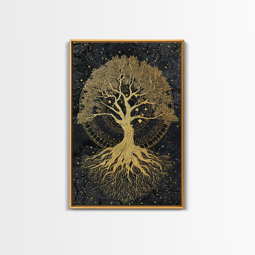 Nordic Yggdrasil Tree of Life Canvas Gold Art Canvas Art with real wood frame, Norse Mythology Office Decor and Dad Gift Idea