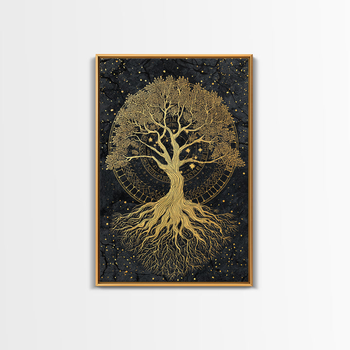 Nordic Yggdrasil Tree of Life Canvas Gold Art Canvas Art with real wood frame, Norse Mythology Office Decor and Dad Gift Idea