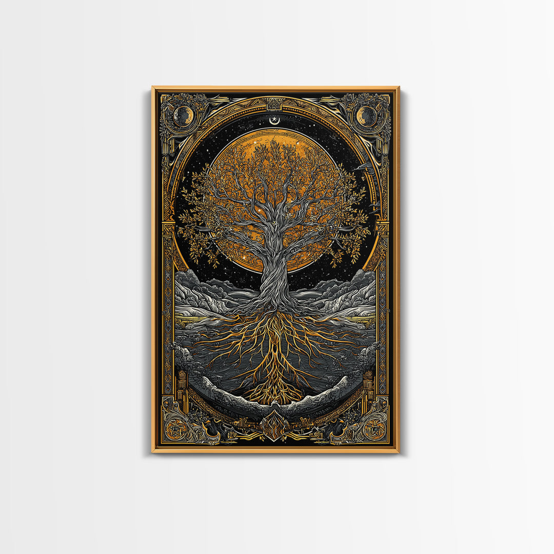 Cosmic World Tree Canvas Gold Art Canvas Art Viking Yggdrasil Norse Wall Art framed in real wood, Perfect for Man Cave Decor