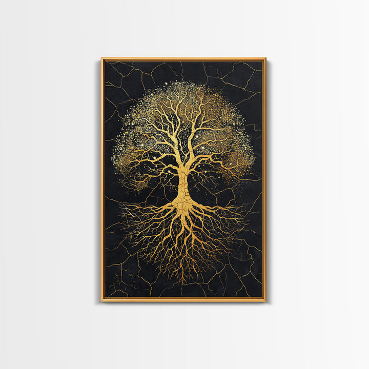 Norse Yggdrasil Tree Canvas Gold Art Canvas Art Celestial Design with roots framed in real wood, Unique Office or Man Cave Art