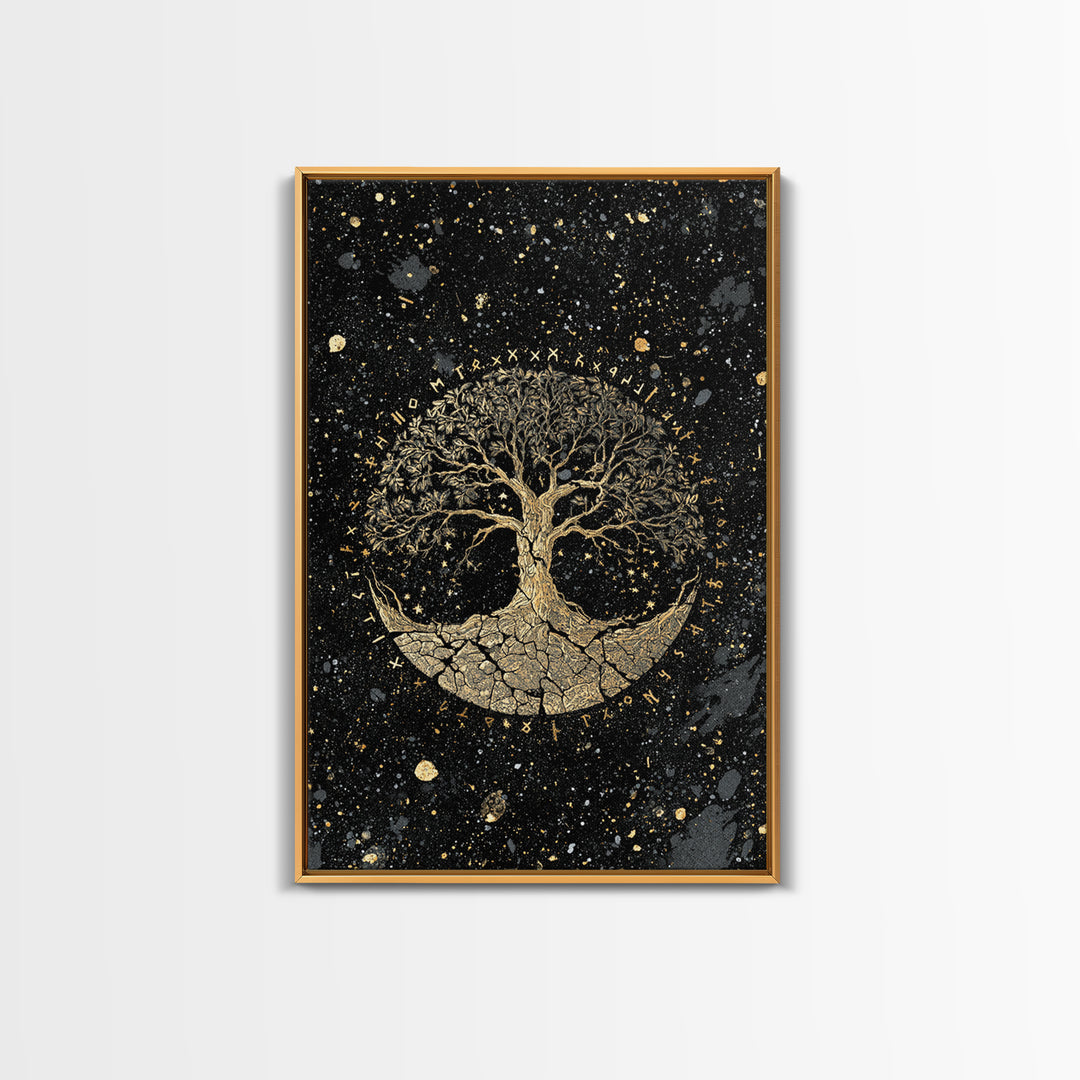 Yggdrasil World Tree Canvas Art Canvas Gold Art Norse Mythology Viking Decor Office Art Man Cave framed in handcrafted real wood