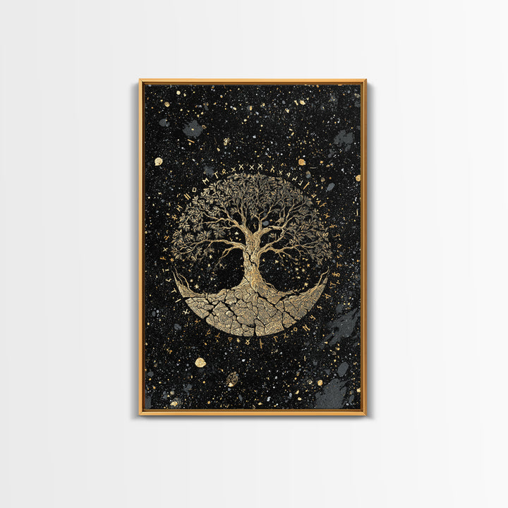 Yggdrasil World Tree Canvas Art Canvas Gold Art Norse Mythology Viking Decor Office Art Man Cave framed in handcrafted real wood