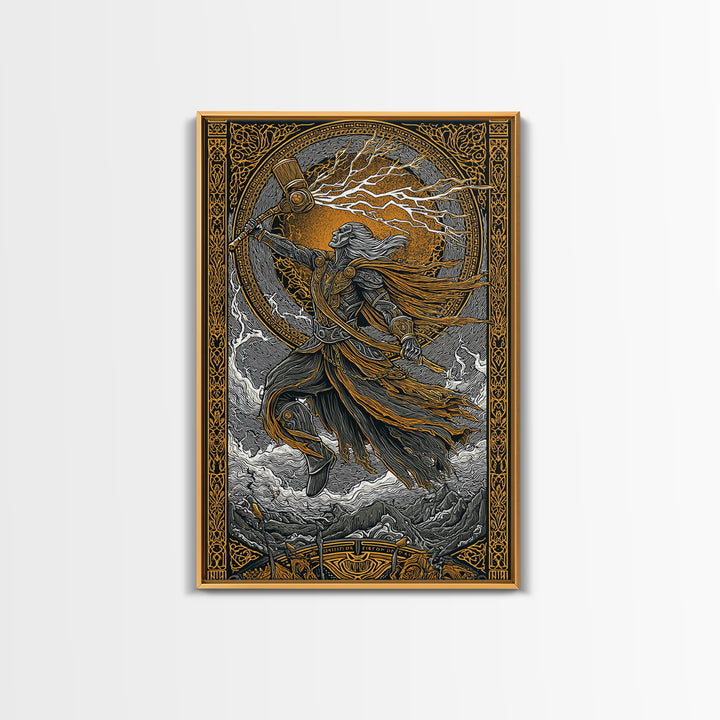 Viking Thor Strikes Canvas Gold Art Canvas Art with real wood frame, Norse Mythology Wall Art Perfect for Man Cave or Office