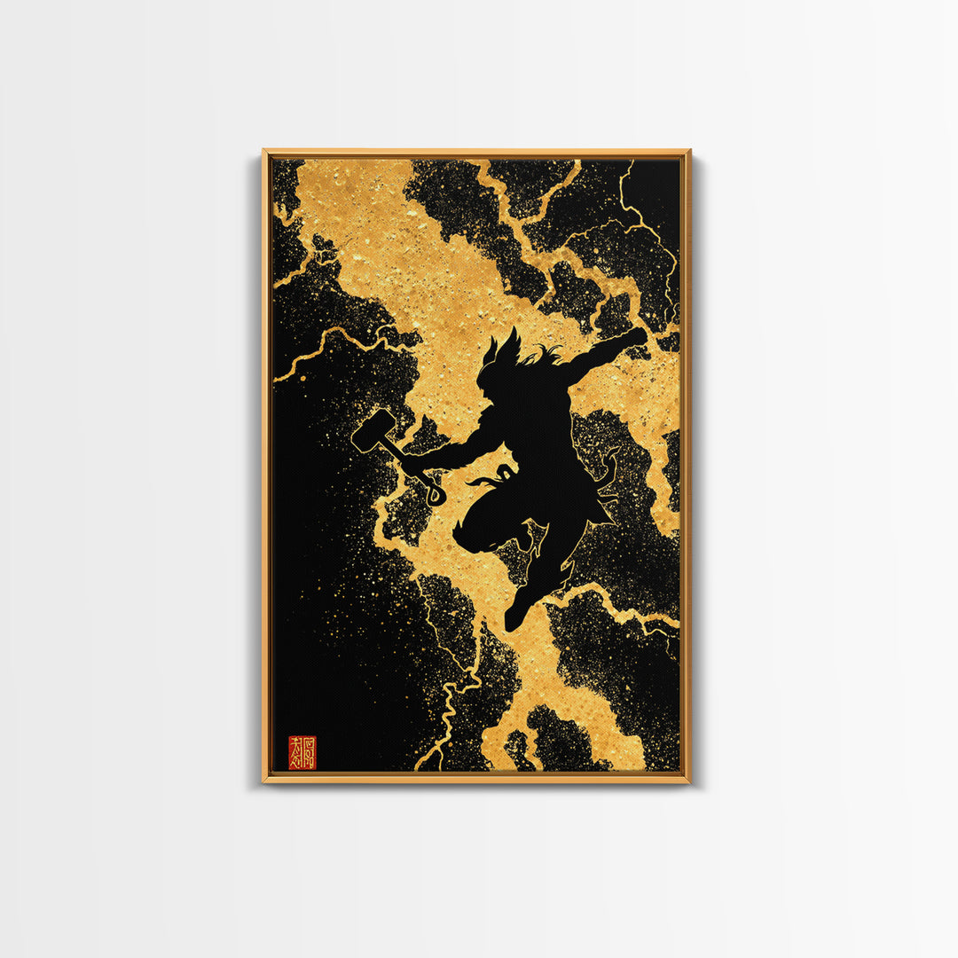 Silhouette Thor Jumping Canvas Gold Art Canvas Art Norse Viking God Wall Decor framed in natural wood, Office Art Dad Gift