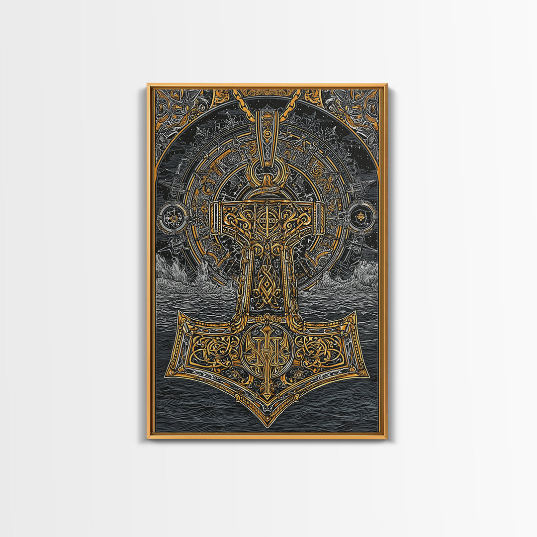 Viking Mjolnir Hammer Canvas Gold Art Canvas Art Norse Mythology Thor Symbol framed in natural wood, Office Wall Art for Men