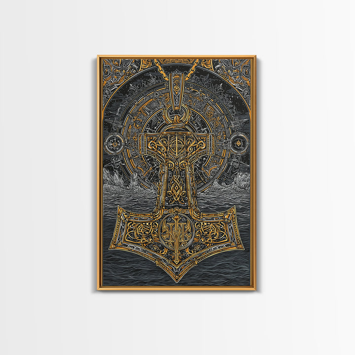 Viking Mjolnir Hammer Canvas Gold Art Canvas Art Norse Mythology Thor Symbol framed in natural wood, Office Wall Art for Men