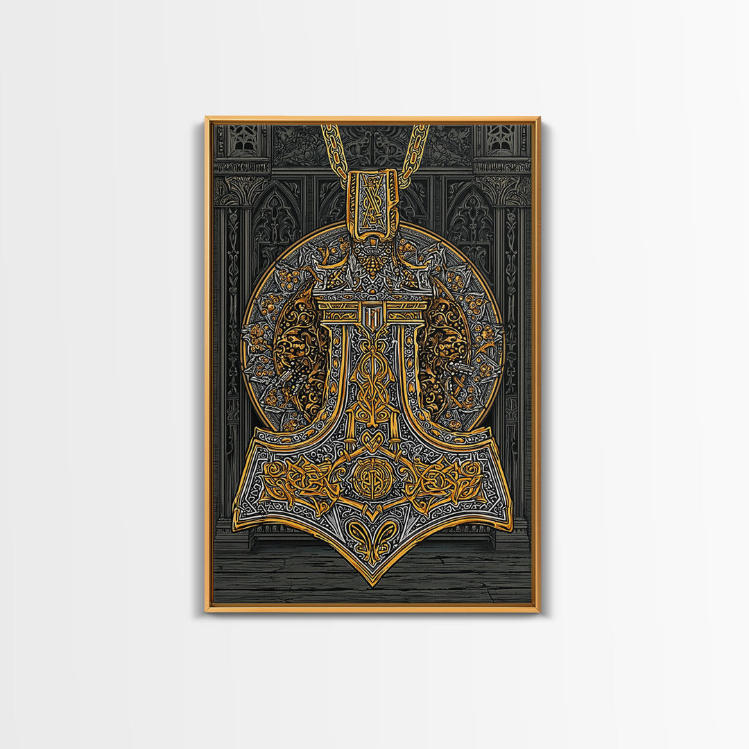 Thor’s Hammer Pendant Canvas Gold Art Nordic Canvas Art, Norse Mythology Wall Decor for Man Cave, framed in natural wood