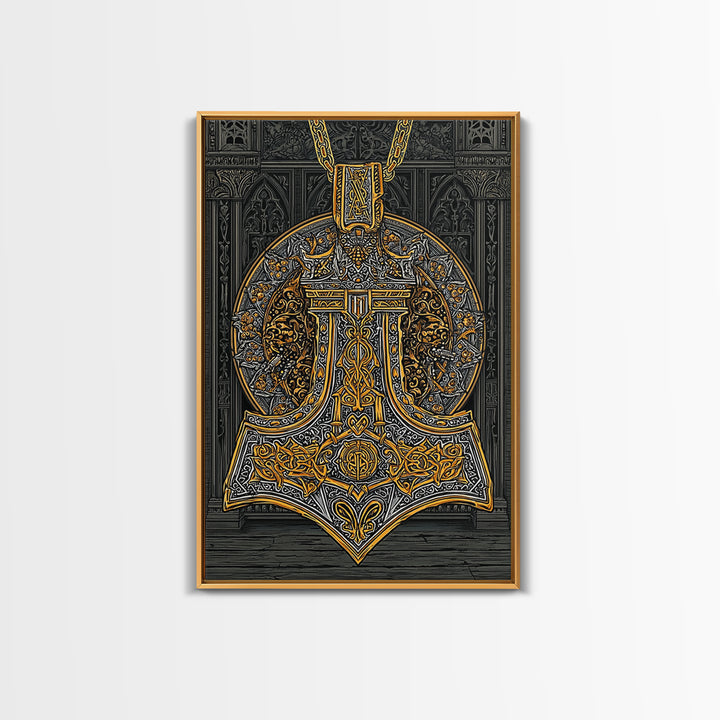 Thor’s Hammer Pendant Canvas Gold Art Nordic Canvas Art, Norse Mythology Wall Decor for Man Cave, framed in natural wood