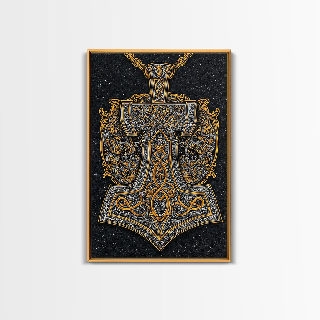 Norse Thor’s Hammer Canvas Gold Art Canvas Art Viking Mjolnir Pendant Design with real wood frame, Unique Man Cave Wall Decor