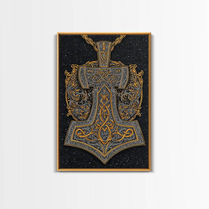 Norse Thor’s Hammer Canvas Gold Art Canvas Art Viking Mjolnir Pendant Design with real wood frame, Unique Man Cave Wall Decor