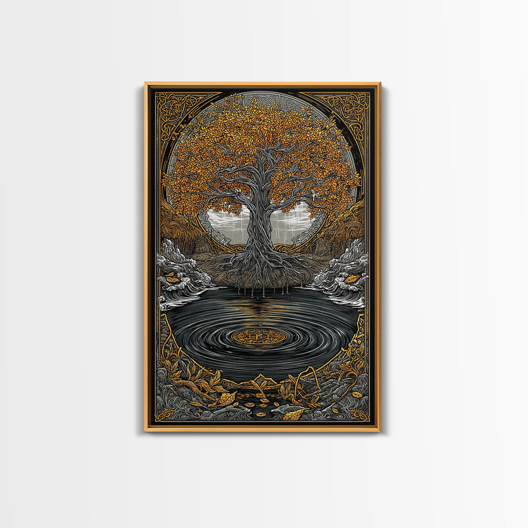 Urd and Yggdrasil Canvas Gold Art Canvas Art, Norse Norns Mythology Wall Art for Dad Gift Office Decor, with real wood frame