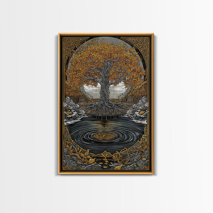 Urd and Yggdrasil Canvas Gold Art Canvas Art, Norse Norns Mythology Wall Art for Dad Gift Office Decor, with real wood frame
