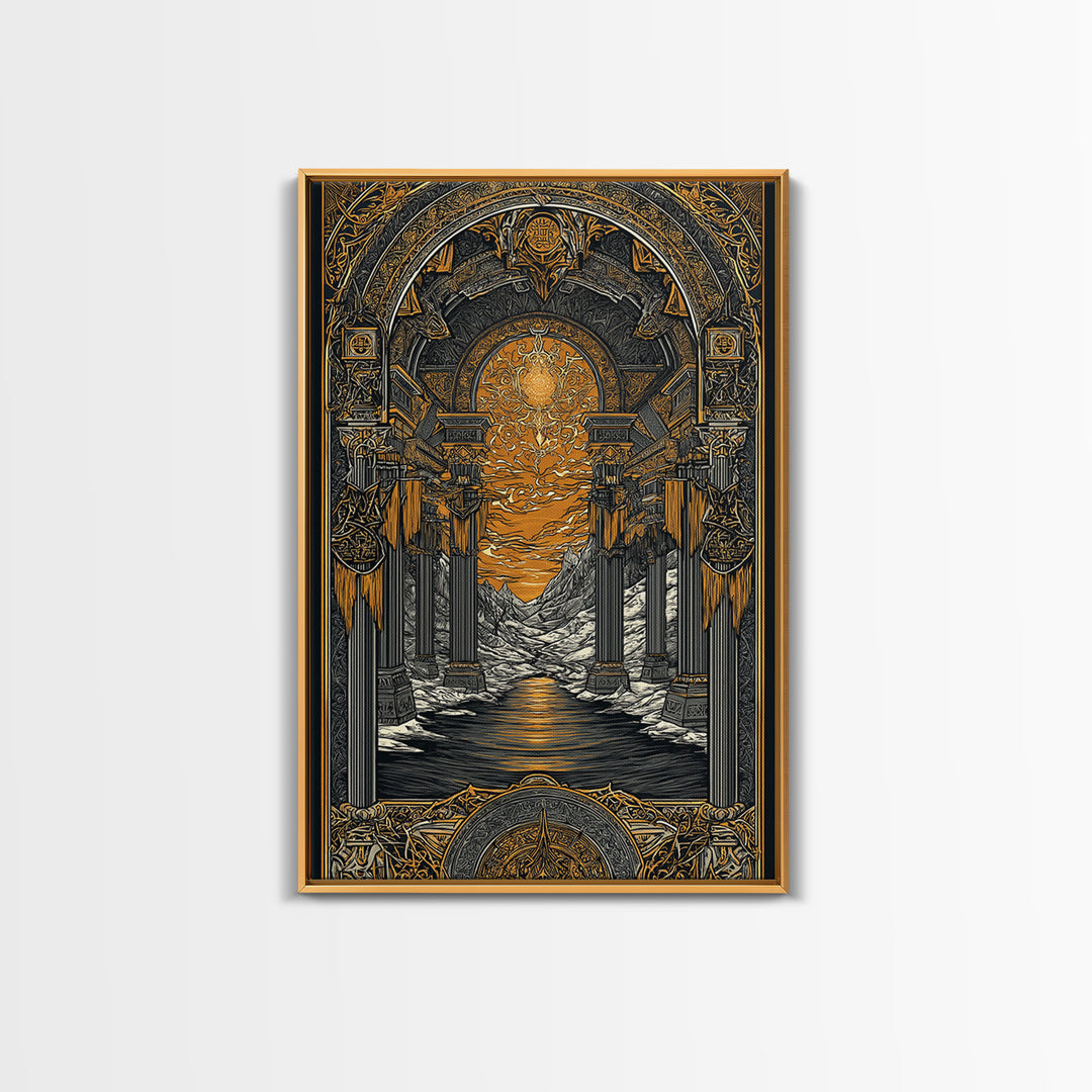 Valhalla Temple Canvas Gold Art Canvas Art, Nordic Mythology Warrior Afterlife Wall Art for Man Cave Decor, framed in wood