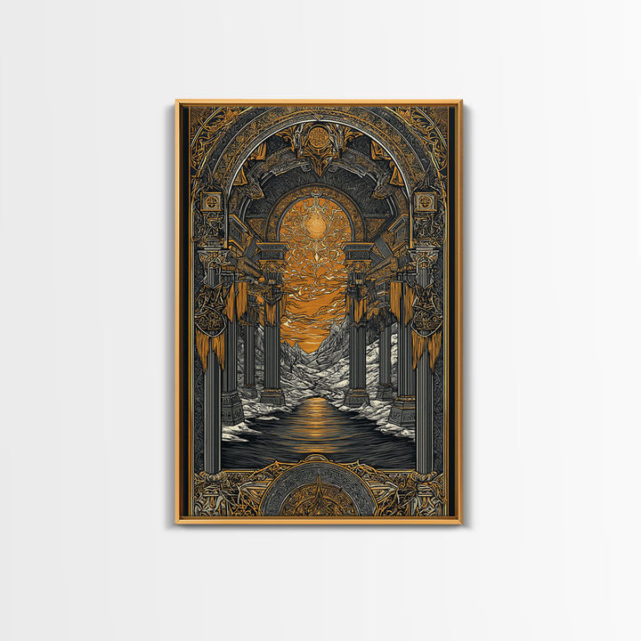 Valhalla Temple Canvas Gold Art Canvas Art, Nordic Mythology Warrior Afterlife Wall Art for Man Cave Decor, framed in wood