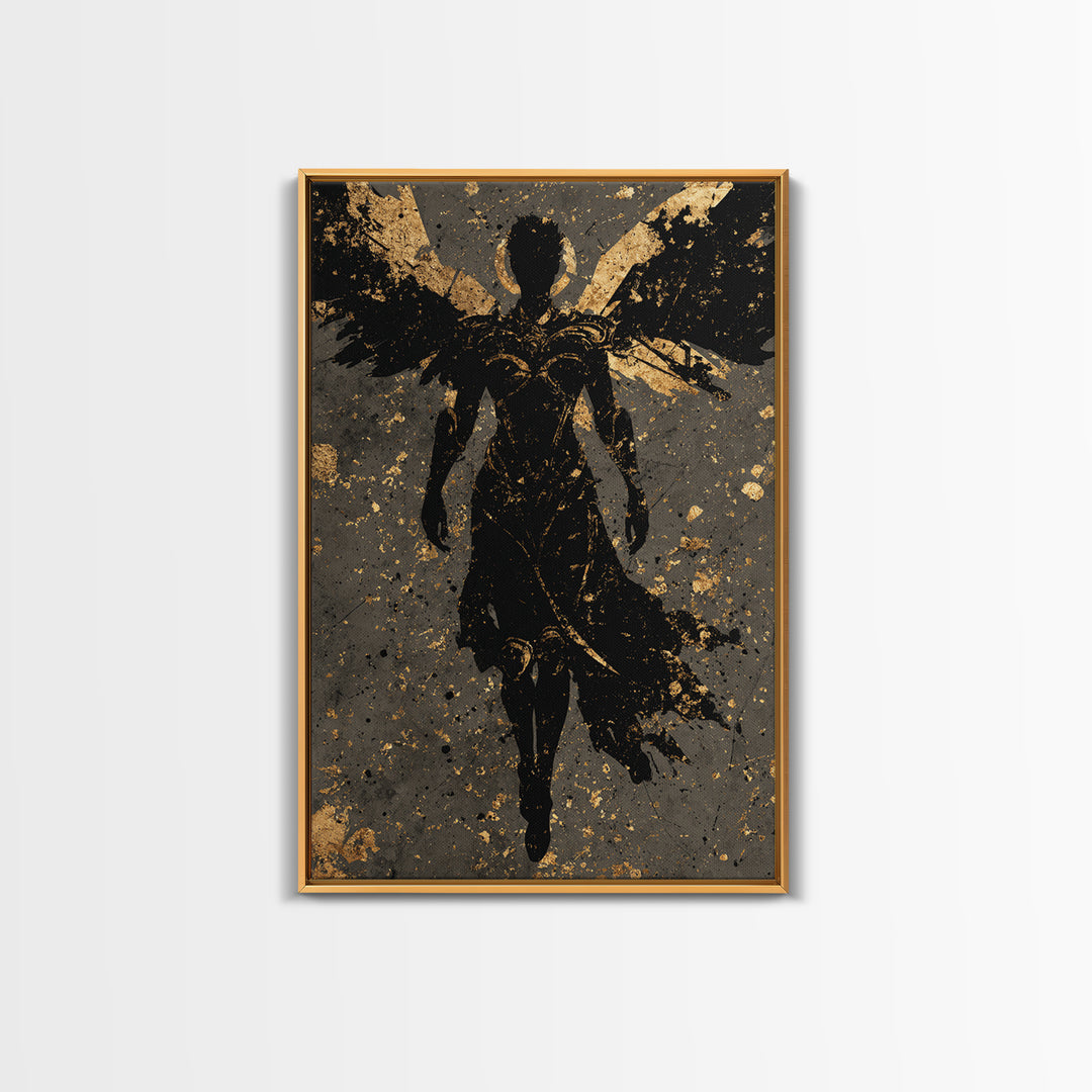 Nordic Valkyrie Canvas Gold Art Canvas Art, Norse Mythology Winged Warrior Goddess Wall Art for Man Cave Decor, framed in wood