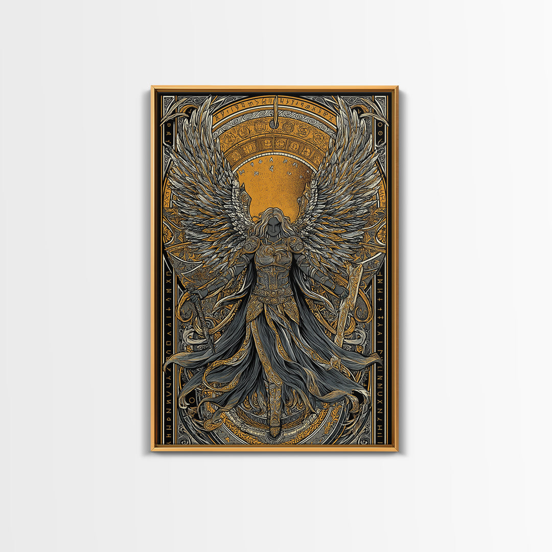 Valkyrie Ascending Canvas Gold Art Canvas Art, Norse Mythology Winged Protector Wall Decor for Dad Gift Office Art, real wood frame